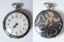JUGENDSTIL DAMENTASCHENUHR SIL BER mit NIELLO und GOLDTAUSCHIERUNG sign.