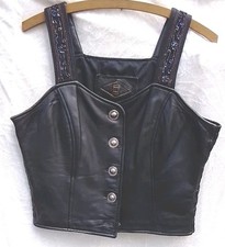 Lederweste Waistcot Gr.40 Bikerstil Party Mit Perlenstickerei An Trägern 