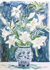 Aquarell weiße Lilien in blauer Vase Poster Blumen Wandbild - gerahmt &...