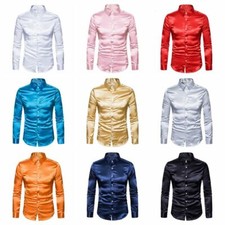 Herren Seidenartig Lang Ärmel Hemd Metallisch Glänzend Knöpfe Bluse Top Show