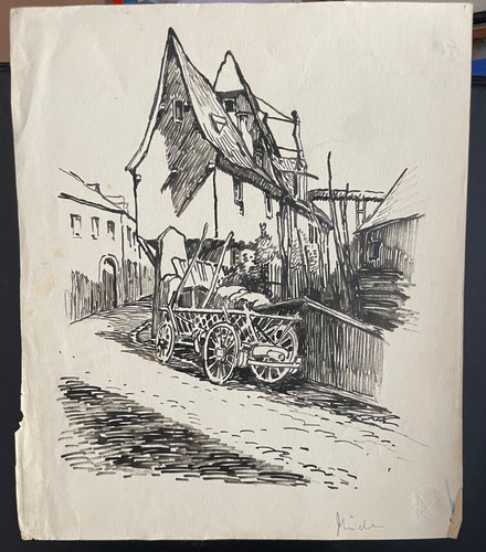 Tuschezeichnung leiterwagen - tuschezeichnung, "leiterwagen