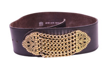 Vintage Gürtel Leder 75 - 80 cm schwarz gold Taillengürtel breit Kette GH224