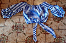 Langarm Carmen Bluse, kariert, bauchfrei - Größe L - Länge 40 cm