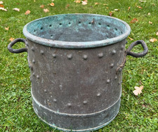 Antik 35x3cm Küchen Kupfer Kessel mit Eisen Griffen Übertopf Handarbeit ungeputz