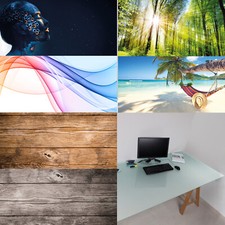 Glastisch Schreibtisch Glasplatte Tisch m. Bohrung f Kabel, Buchenholz Böcke Set