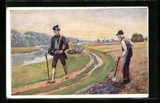 Künstler-AK Wandervogel trifft einen Bauern 1924 