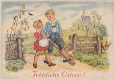 AK GF   Ostern - Mädchen mit Ei + Knabe m. Schubkarre + Eier  - Verlag: L M 033