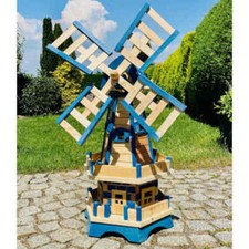 DARLUX Sechseck Doppelstock-Garten-Windmühle aus Holz Natur/Blau Höhe 93 cm