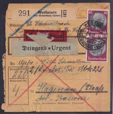 75945) WEISSTEIN über Waldenburg Schlesien Eilboten + Dringend Paketkarte 1941