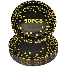 Party Teller Schwarz Gold 50 Stück, 23cm Einweg Pappteller, Geburtstag