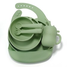 Silikon Geschirr Set  BPAfrei Teller Tasse Löffel Gabel Lätzchen Rutschfest Baby