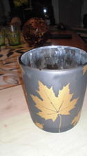 Herbst Windlicht Blatt /   Grau mit Gold  10 cm Hoch  9 cm Breit