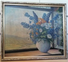 Ölgemälde – „Blumenstillleben mit Blick auf die Berge“, signiert A. Fisel