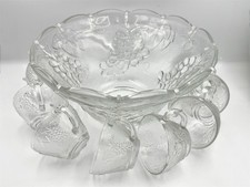 Vintage 70er Jahre Glas Bowle Schüssel Set mit 12 Glas Tassen & 12 Aufhänger Clips