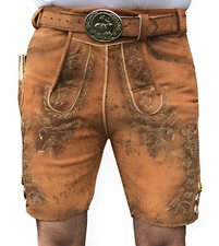 Herren Trachten Lederhose Rotbraun Echtleder mit Gürtel Stickerei kurz 46 - 64