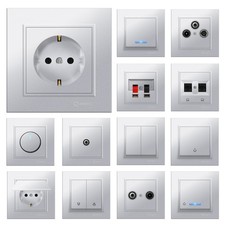 Schuko Steckdose, Wechselschalter, Dimmer, Lichtschalter, Taster KAREA Silber