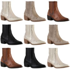 Damen Cowboy Boots Stiefeletten Spitze Holzoptikabsatz Schuhe 841855 Mode