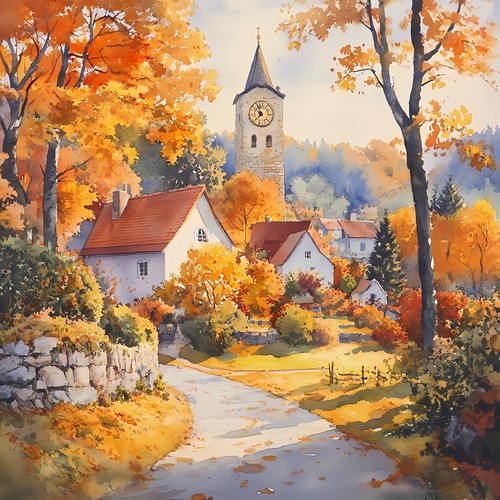 Wandbild dorf kirche - dorf,