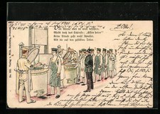 Lithographie Soldaten beim Essen holen, 1. Weltkrieg 1905 