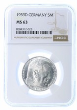 Drittes Reich 5 Reichsmark 1939-D Hindenburg MS63