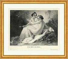 T. von Neff: In der Grotte Frauen Schmuck Schleier Mode Holzstich A 1430 Gerahmt