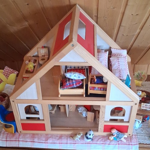 Holz puppenhaus möbliert mit - holz,