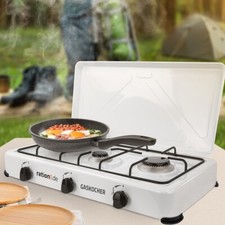 Gaskocher 3 flammig Campingkocher 30mbar, weiß, Outdoor Herd mit Abdeckung