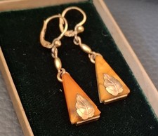 Antik Ohrringe Art Dèco Echt Bernstein Butterscotch Gold- Doublé im alten Etui