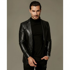 Herren Schwarz Leder Blazer