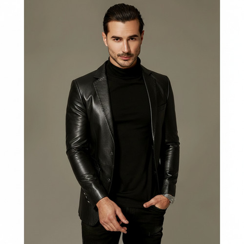 Herren schwarz leder blazer - schwarz,