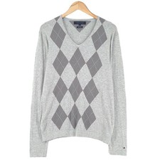 Vintage Tommy Hilfiger Pullover Herren Argyle Rautenmuster Grau Vx1 Größe M