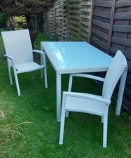 Gartentisch Glastisch 160 x 90 Sitzgruppe mit 2 Gartenstühlen Rattan Weiß+++