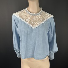 ZARA Blue Denim Chambray Lace Blouse Sheer Floral Yoke Top Size S Made in Turkey