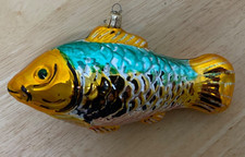 Vintage Glas Christbaumschmuck Fisch | Groß Gold Türkis | ca. 14 cm