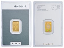 Goldbarren 2 Gramm/999.9 Kinebar „Heraeus“ In Blisterkarte mit Zertifikat