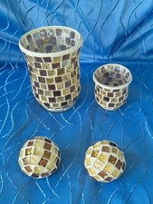 Windlicht Teelicht + 2 Kugeln MOSAIK creme/gold/bronze, Kerzenständer DEKO 
