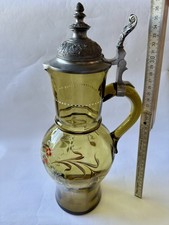 Alter Glaskrug Mit Floralen Motiv Und Zinndeckel. Unbeschädigt.