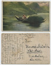 53603 - Liebespaar im Nachen mit Grasernte - Ansichtskarte, datiert 1920