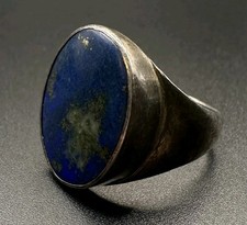 Antik Lapis Lazuli Platte & Silber Herren Ring Rund Oval massiv 