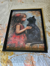 Bild Mädchen mit Katze auf Leinwand mit schwarzen Rahmen 52x42cm