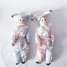 Porzellan Puppe Pierrot Clown Harlekin rosa / blau 2 Stück 90er Jahre