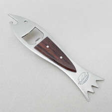 Fisch Kapselheber Flaschenöffner Edelstahl Teak Werbung HK Delikatessen 70er