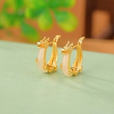 F02 Ohrringe Drache mit heller Jade Sterling Silber 925 vergoldet