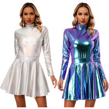 DE Damen Langarm Wetlook Body Rollkragen Bodysuit mit Hoher Bund Faltenrock