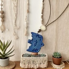 Vintage Ceramic Blue Bird Pendell Halskette mit Lederseil und Anti --Allergie 