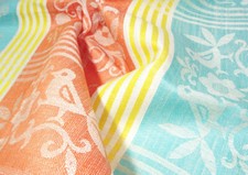 Altes Halb Leinen Geschirrtuch Gelb Rot Grün Bunt Vogel Motiv vintage 