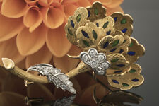 Goldschmiedearbeit Brosche Florales Design Emaile Brillanten in Gold Schmuck