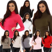 Damen Feinstrick Pullover Rollkragen V-Ausschnitt gerippt Stretch Slim 34 36