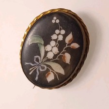 "PIETRA DURA" Style Porzellan-Brosche Blumen-Handmalerei - Victorianisch um 1900