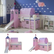 Hochbett 90x200 Kinderbett mit Rutsche Weiß Vorhang Turm Tunnel Rosa Homestyle4u
